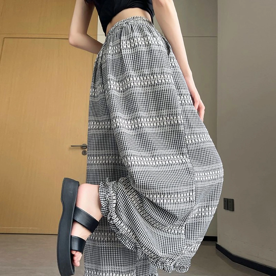 LOzP冰丝九分裤裙女士夏季薄款慵懒宽松阔腿裤拼接花苞梧桐格子裤