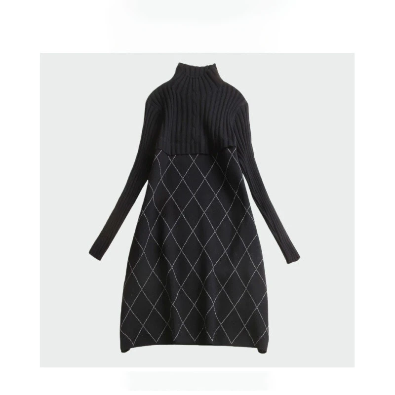 【夜色玫瑰】年年2025新款冬季长袖中长款轻奢气质时尚拼接连衣裙