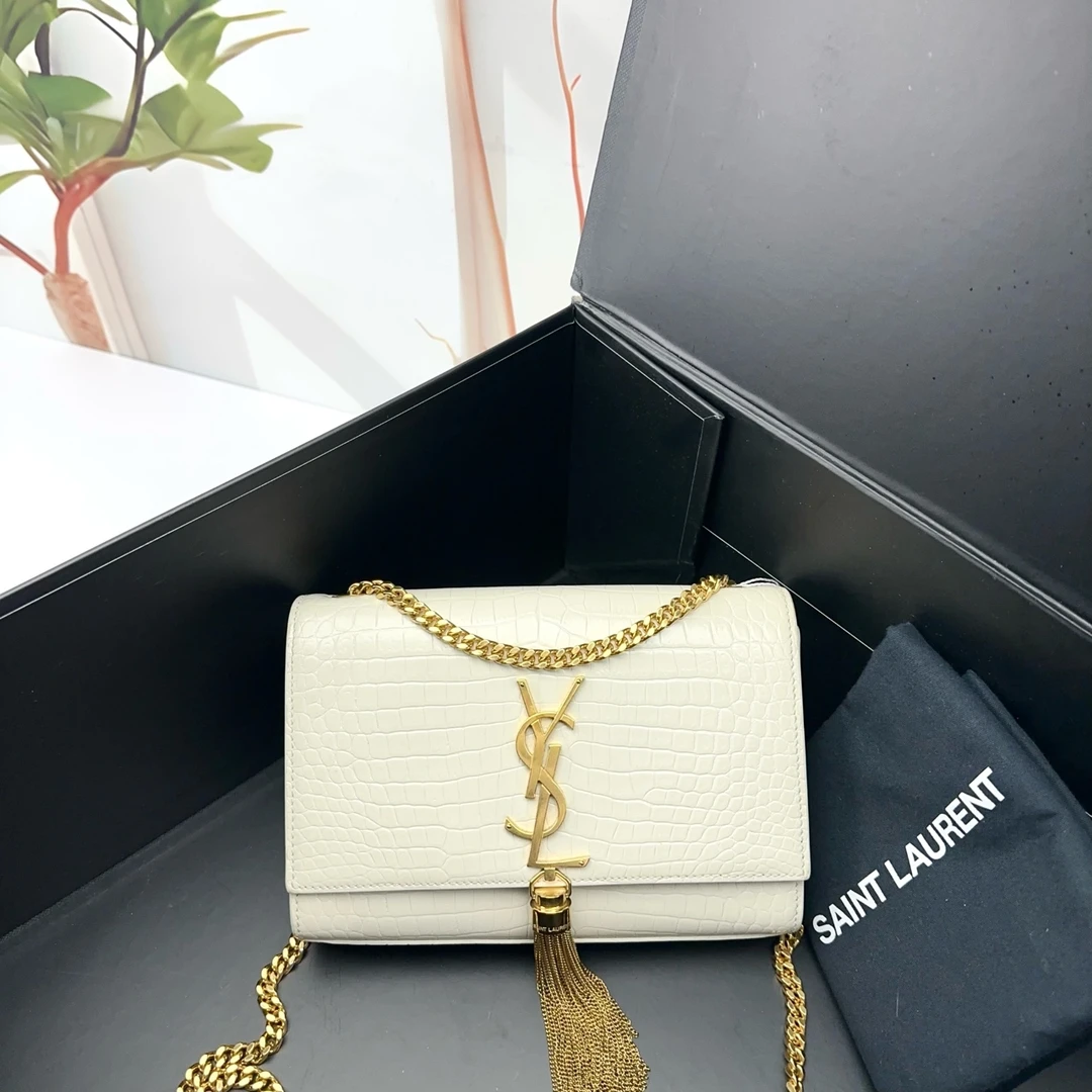 99新 YSL/圣罗兰 白色鳄压斜跨单肩包C53654 4600