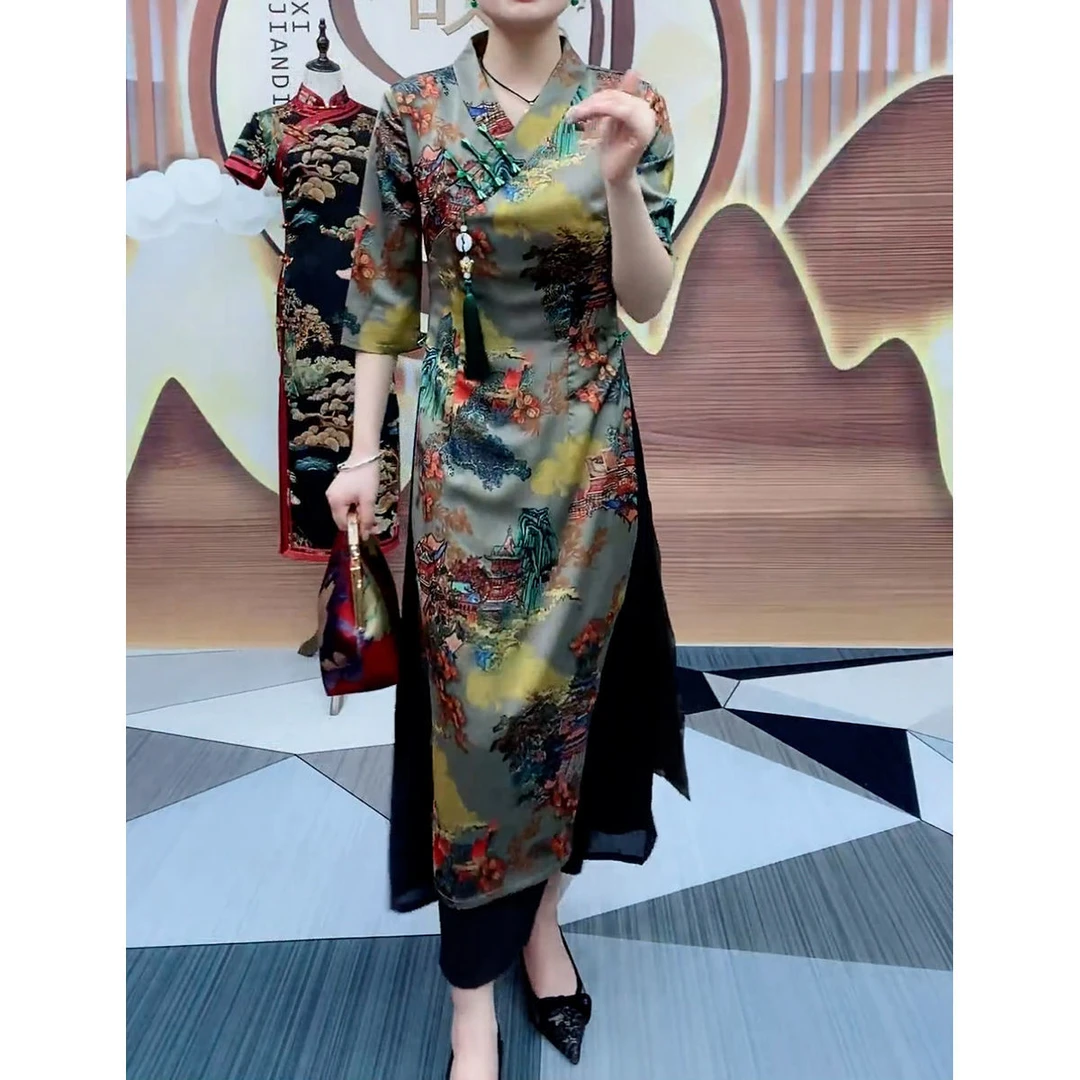 高端复古气质连衣裙女2025夏季新款设计感v领五分袖开叉A字裙长裙