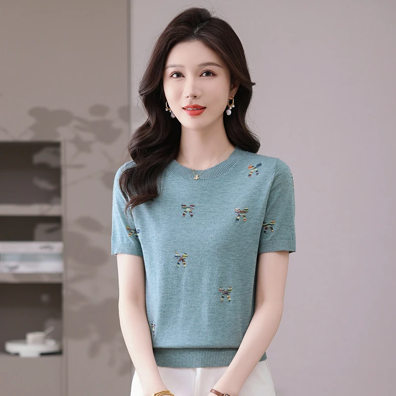 100%天丝短袖夏季新款时尚提花薄款针织上衣女装洋气妈妈宽松T恤