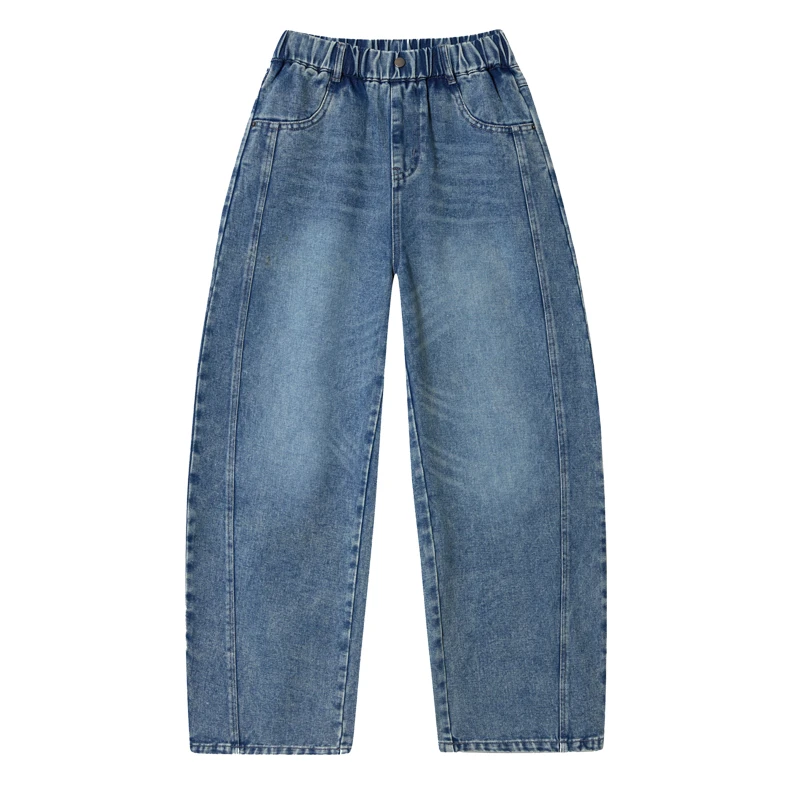 2025秋款女童弯刀牛仔裤拼接复古设计休闲裤学生8-18岁女童牛仔裤