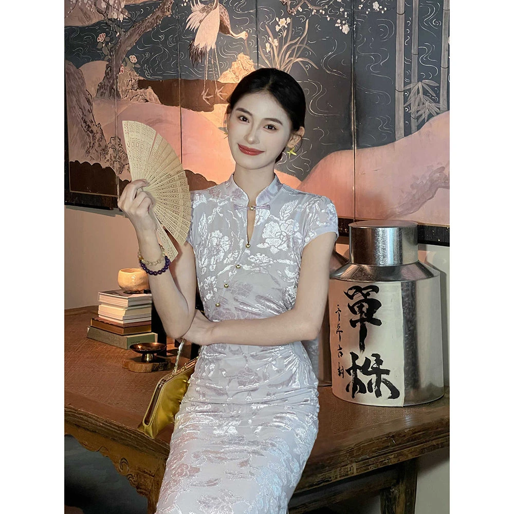 【梦瑶】新中式紫色提花改良旗袍女2025夏季百搭旗袍领连衣裙百搭