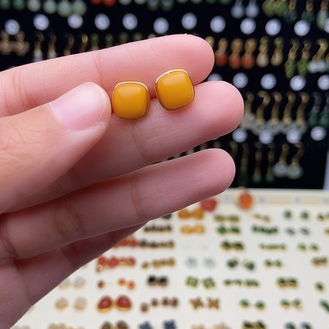 和田玉银S925镀金镶嵌耳饰