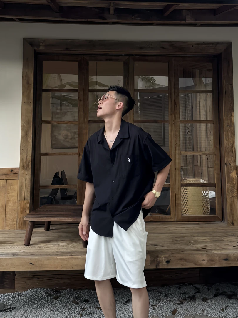 SFANG亚麻棉混纺古巴领纯色短袖衬衫男士夏季翻领宽松开衫外穿T恤