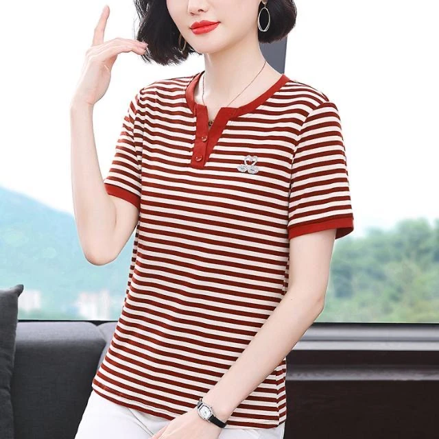 【小天鹅条纹烫钻短袖】休闲时尚减龄显瘦剪刀领气质女士短袖