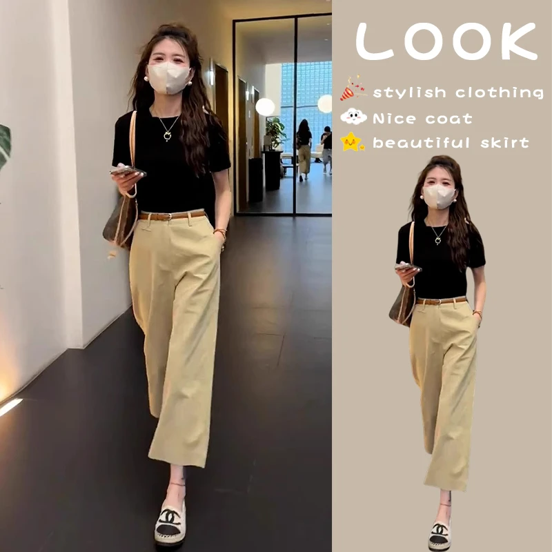 夏季穿搭一整套女装2025新款气质显瘦黑色T恤九分裤休闲两件套装