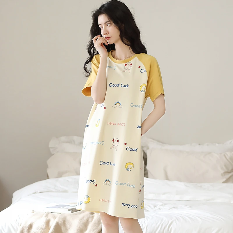 睡裙女夏季纯棉短袖甜美中长款宽松休闲可外穿连衣裙睡衣家居服薄