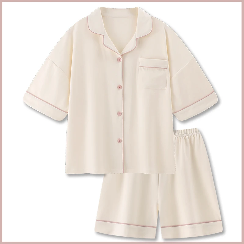 『云朵奶粉』纯色睡衣夏季女款纯棉短袖家居服夏天外穿大码纯棉睡衣