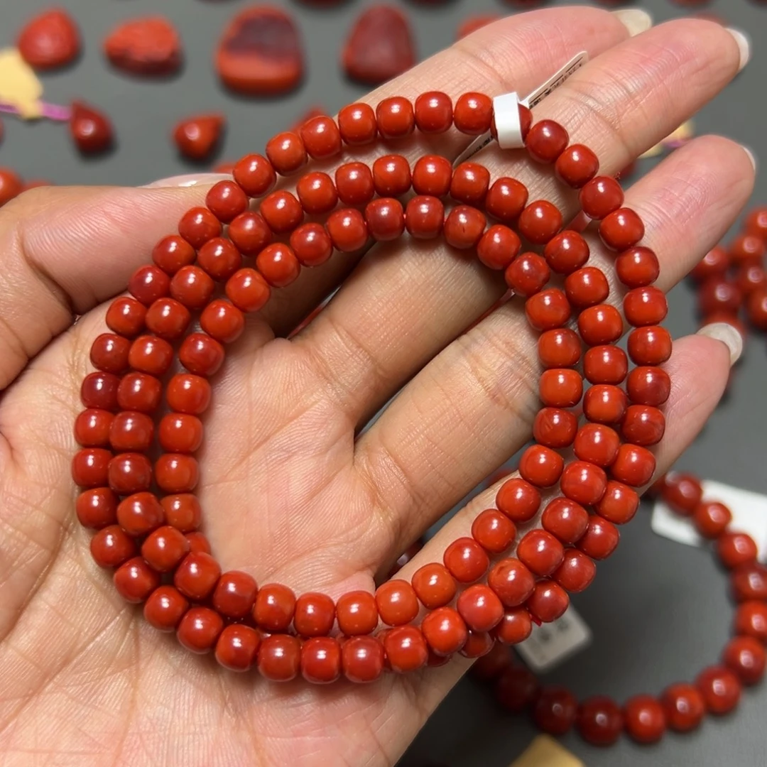 南红玛瑙未镶嵌手串 柿子锦多圈 约5.5mm 满肉