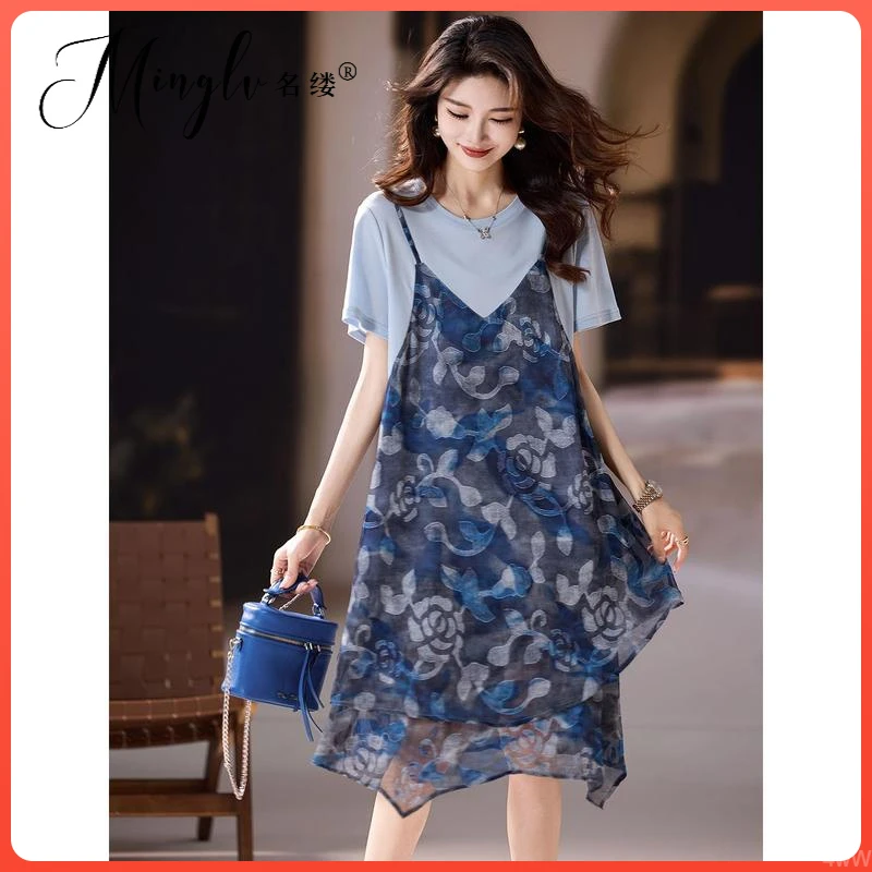 印花拼接女夏季名缕新款短袖大码女装2025年女装裙子高端连衣裙