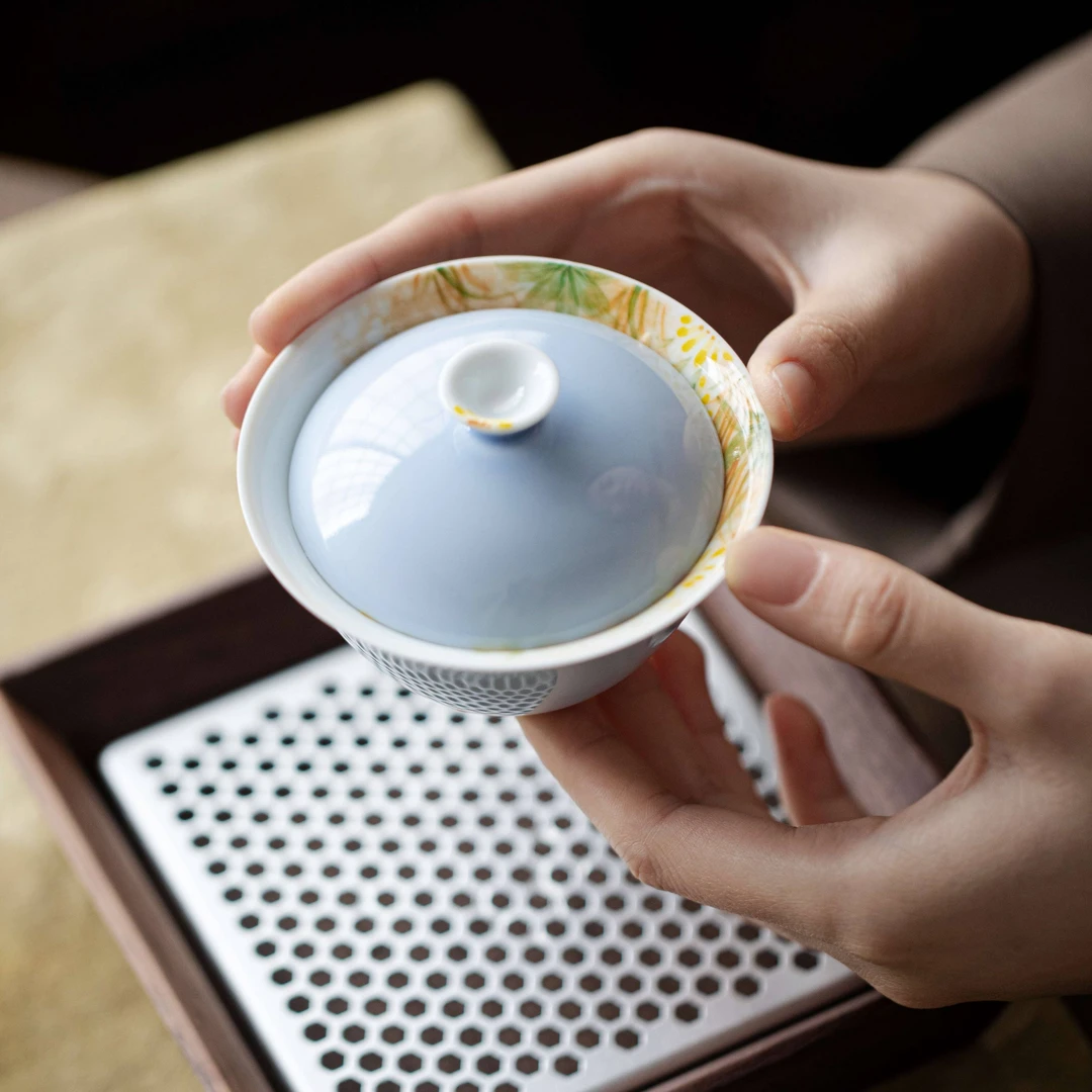 【采菊悠然】一念方知 暮山紫盖碗 野菊赋手绘釉下家用茶杯