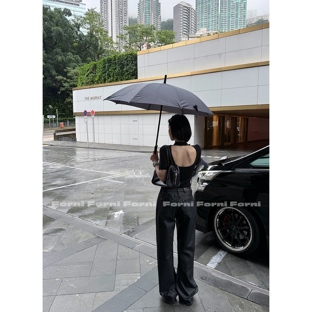 FORNI 硬朗飒girl 做旧仿皮革涂层手工刷蜡阔腿微喇低腰牛仔长裤