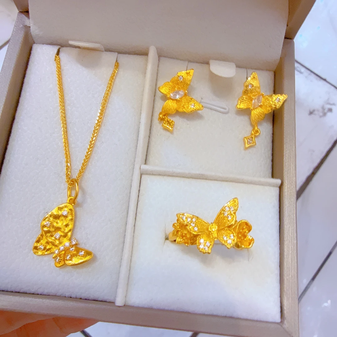 铜合金亚克力项链 古法蝴蝶三件套首饰百搭金色气质精致优雅甜美