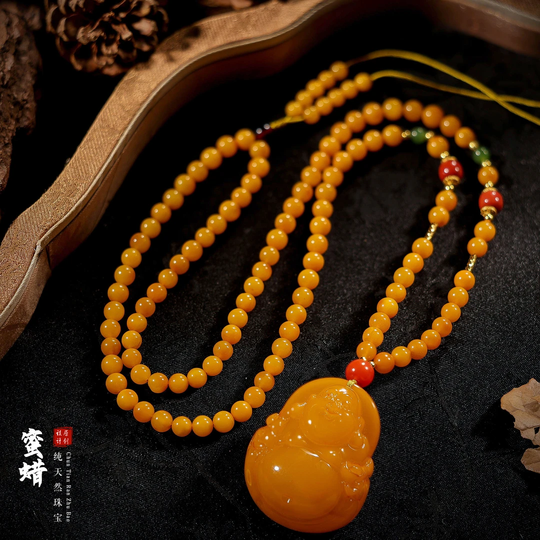 【桃总推荐】diy蜜蜡笑佛项链@@SJ40715002