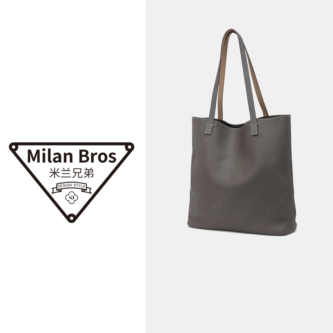 【米兰兄弟】荔枝纹头层牛皮托特包灰色