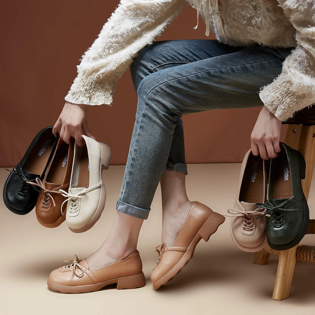 | 惊喜-丽江 | T401/02 真皮复古玛丽珍鞋女蝴蝶结浅口百搭乐福鞋