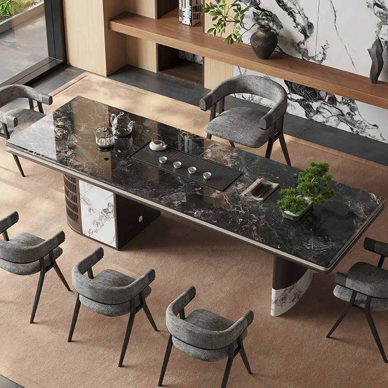 奢石岩板茶桌一体大板嵌入式大理石茶台家用别墅办公泡茶桌椅组合