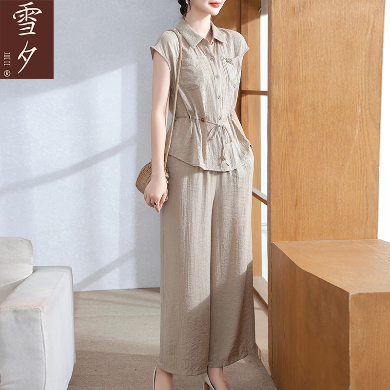 2025新款妈妈夏装套装气质短袖翻领衬衫中老年女短袖T恤雪纺上衣