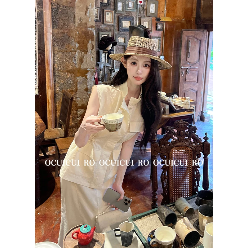 CUI CUI 崔崔【落日剪影】工装风立领多口袋宽松休闲马甲上衣套装女