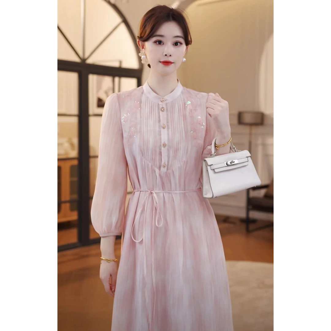 【嘉嘉JIANG】花舞霓裳 经典简约刺绣长款显瘦连衣裙 XJ253L1031