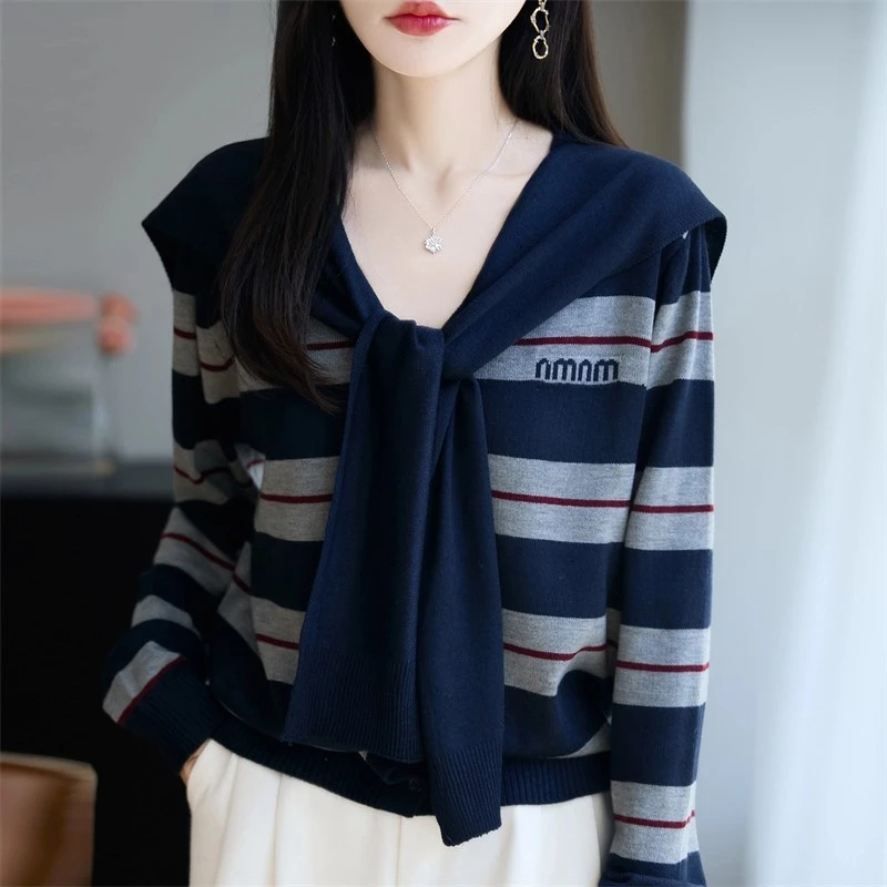 法式撞色条纹假两件披肩针织开衫女外套毛衣2025秋季新款宽松上衣