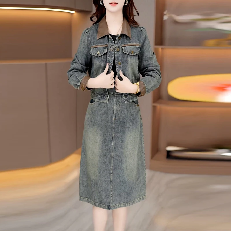 高含棉休闲时尚牛仔套装女2026年春秋新款气质短外套连衣裙两件套