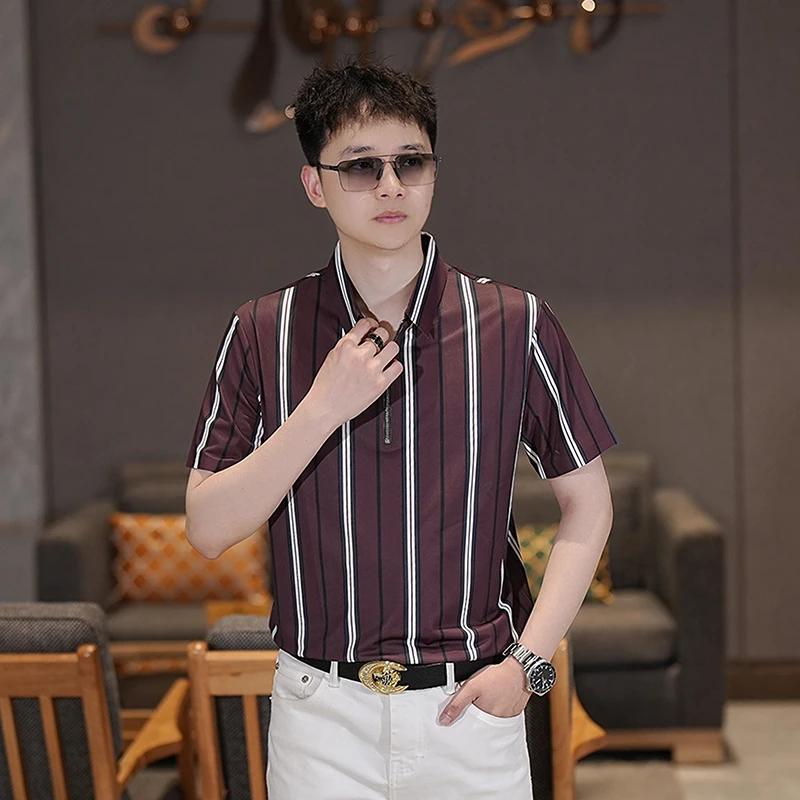 男士夏季新款冰丝修身半拉链短袖衬衫休闲百搭薄款翻领时尚衬衣
