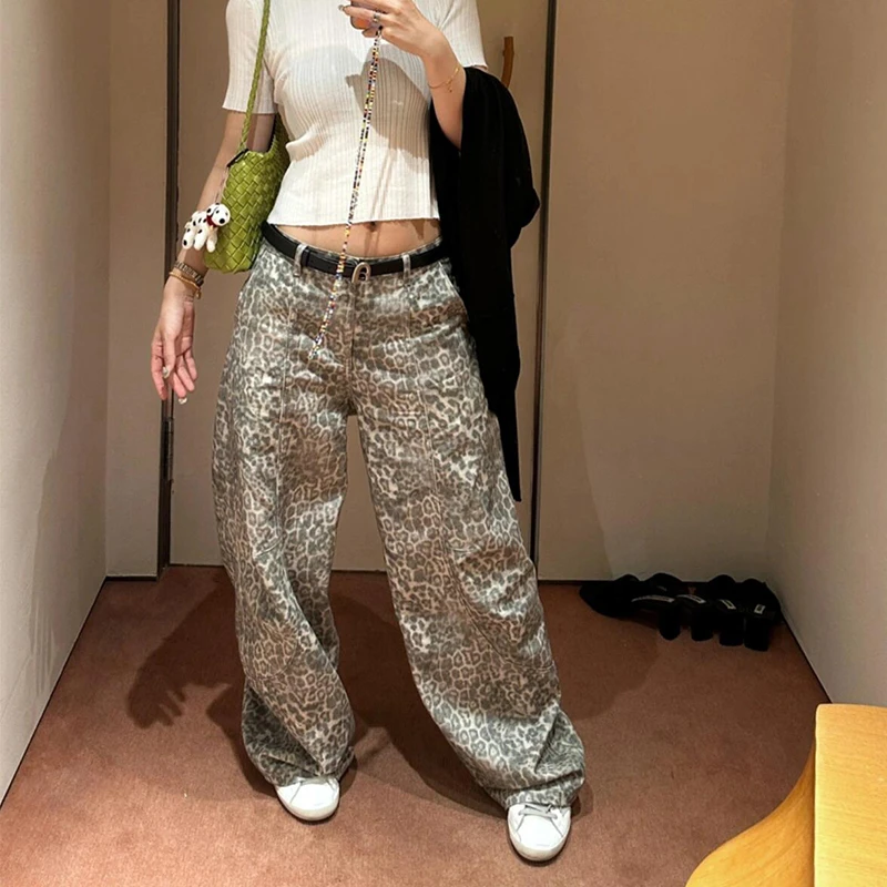 美式街头松弛慵懒风宽松牛仔裤女秋季新款辣妹复古豹纹垂感阔腿裤