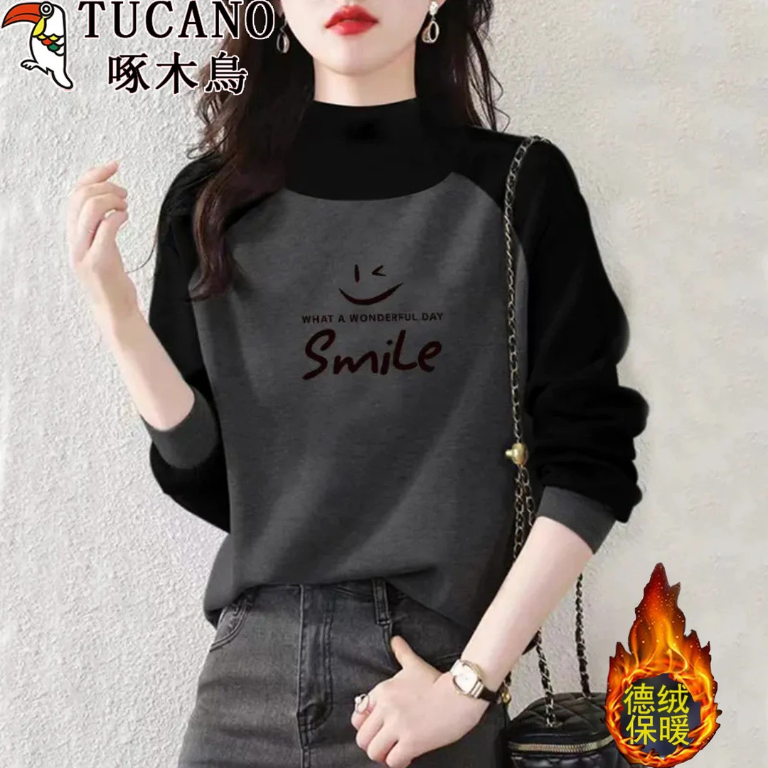啄木鸟秋冬新款半高领德绒长袖拼接百搭显瘦撞色打底衫上衣T恤女