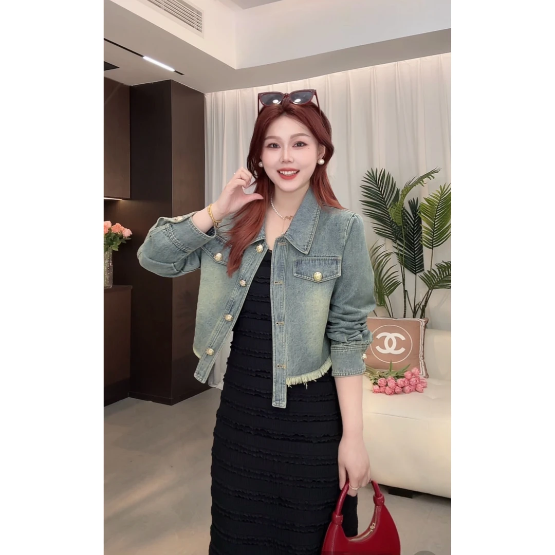 楠序乔乔微胖女装2025秋季新款复古百搭显瘦设计感牛仔上衣DD9122