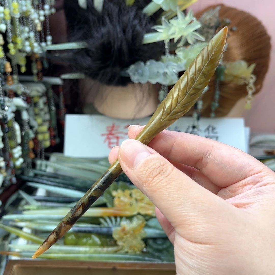 蛇纹石玉发饰未镶嵌长度17厘米左右