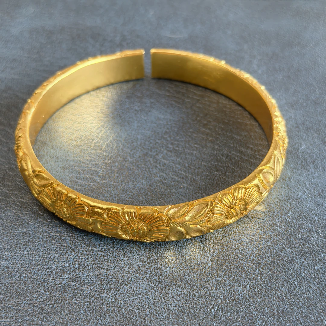 足银手镯 古法满赞向日葵手镯纯手工雕刻手环开口实心镯子送礼