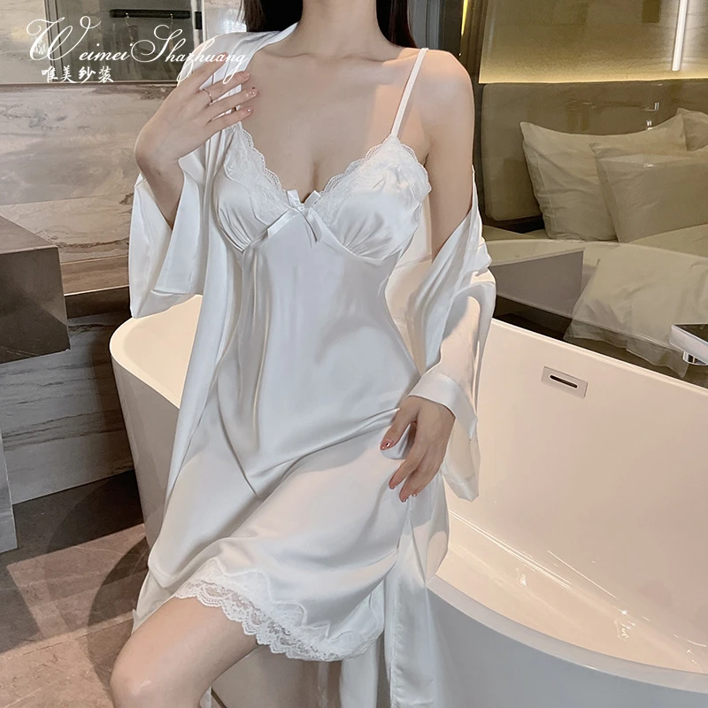 白色法式长袖性感蕾丝吊带睡衣高级夏天家居睡裙薄款显瘦纯欲睡衣