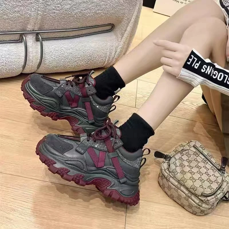 C2163 红色绒里  时尚厚底圆头高帮系带女休闲老爹鞋