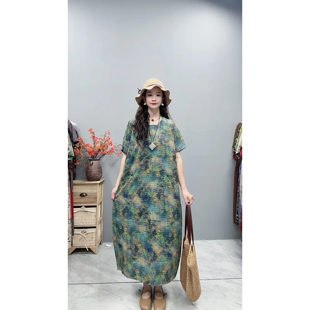 5337夏季新款欧韩显瘦气质时尚印花洋气复古宽松遮肉连衣裙妈妈装