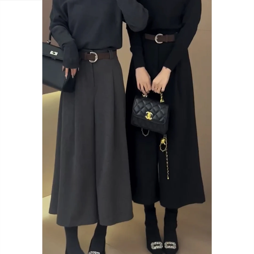 艾塔莉秋冬新款美式高级感毛呢裤休闲风时尚加厚款收腰设计阔腿裤