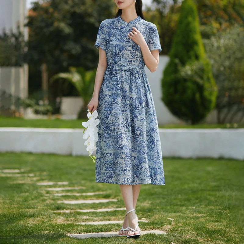 新中式扎染印花连衣裙复古偏襟碎花长裙女5137-1035