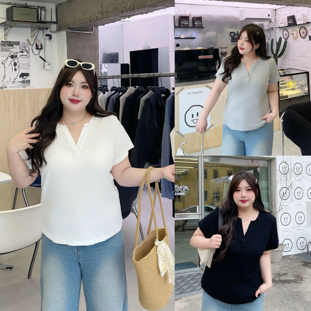 大码女装夏季简约洋气花契200斤胖mmV领辣妹正肩短袖T恤 14188