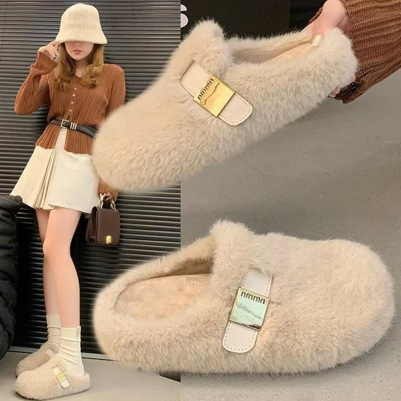 一脚蹬平底增高毛毛拖鞋女外穿2024新款秋冬高级感毛绒包头棉拖鞋