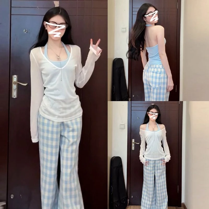 纯欲风叠穿吊带V领罩衫女设计感别致小众修身显瘦长袖防晒上衣潮