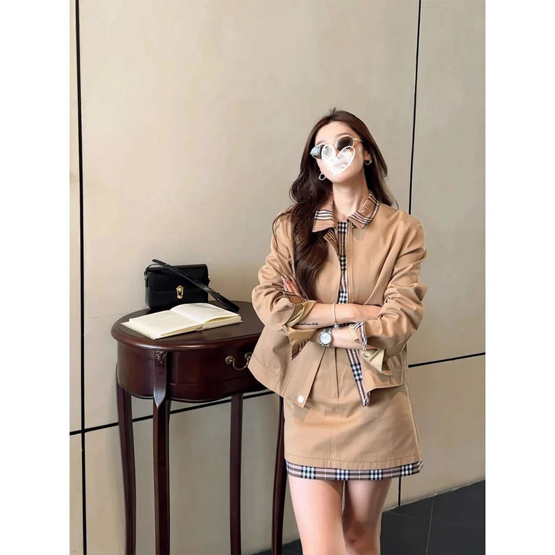 【复古腔调】25年秋季长袖风衣拼格子POLO领宽松百搭女装6802#