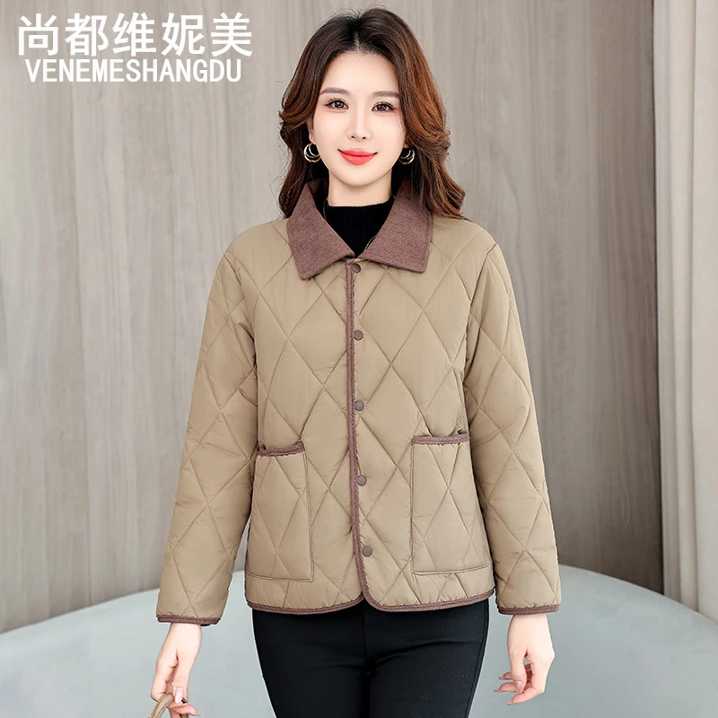 直筒翻领短款女纯色轻薄款棉服棉衣洋气休闲中老年棉袄女外套