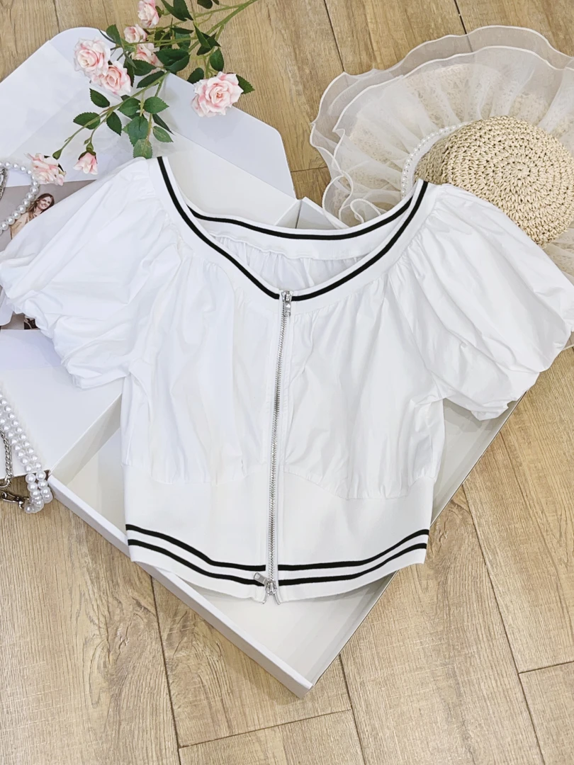 琳心丨夏季新款白色休闲百搭拉链开衫短款泡泡袖衬衫 5501