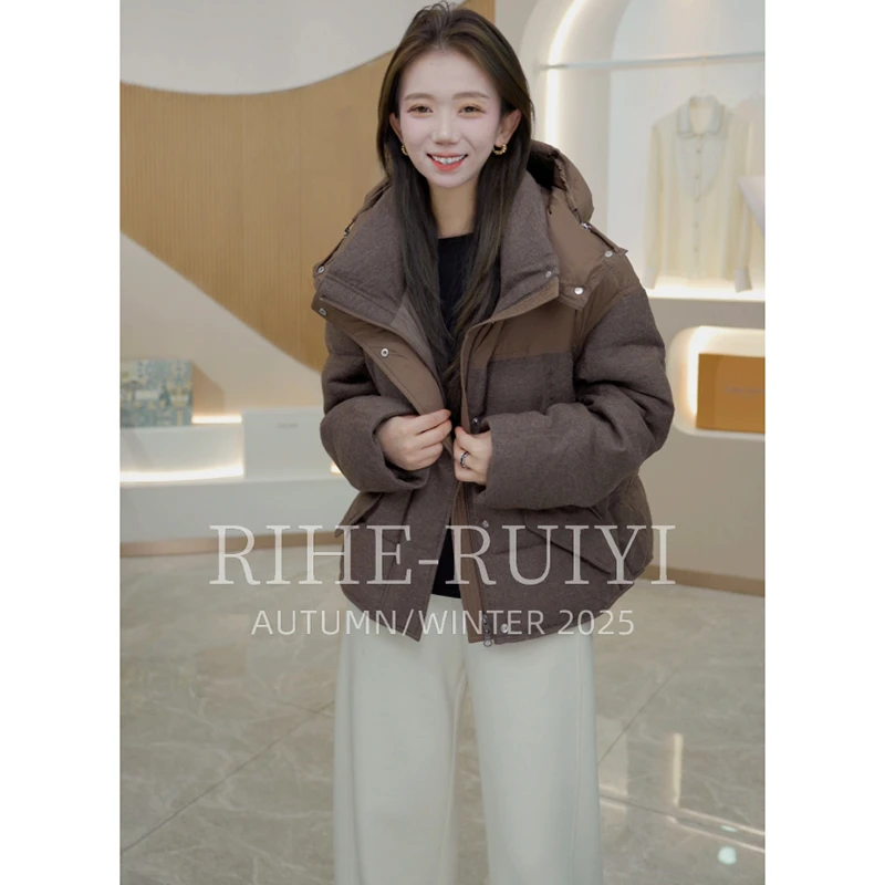 RH【栗子蛋糕】复古高端质感羊绒羊毛混纺连帽白鹅绒羽绒服2500321