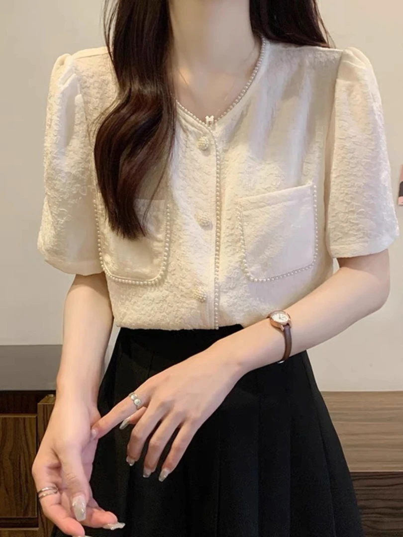 6878#小香风气质珍珠衬衫女短袖