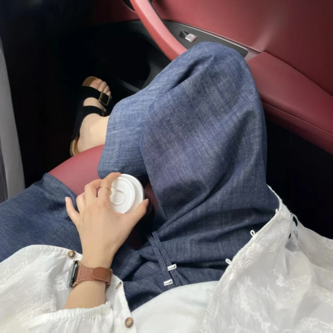 孕妇牛仔裤2025夏季外穿薄款休闲遛弯裤阔腿裤抽绳九分裤小个子女