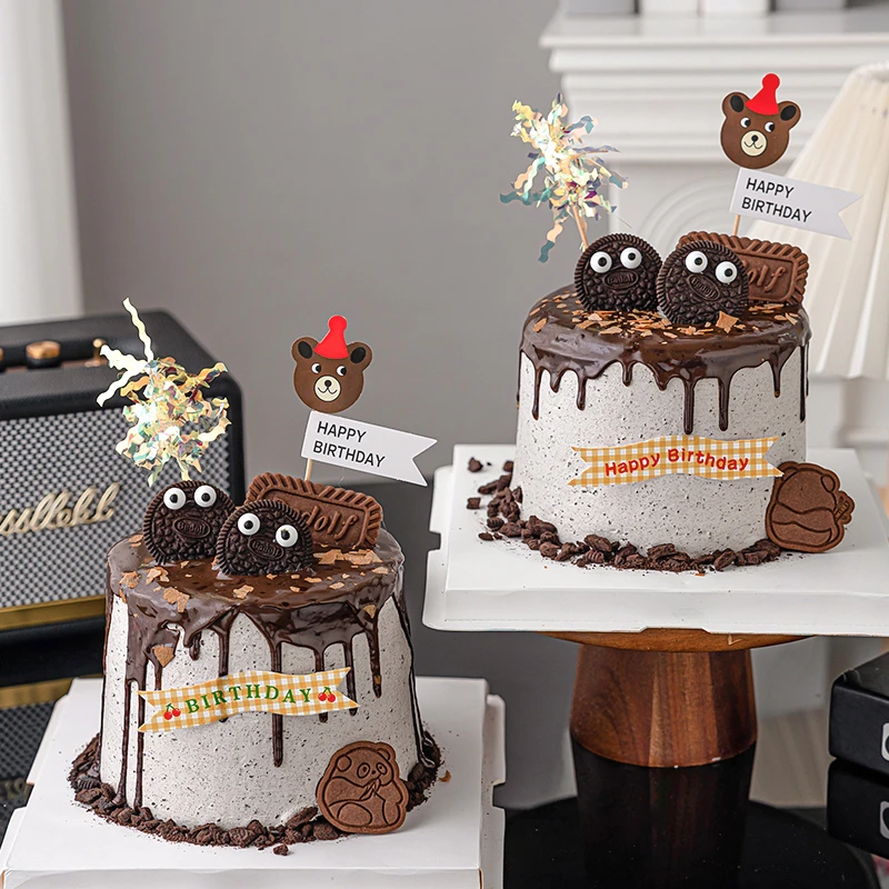 网红ins风小熊插牌生日蛋糕装饰彩色横幅生日快乐雨丝甜品装扮