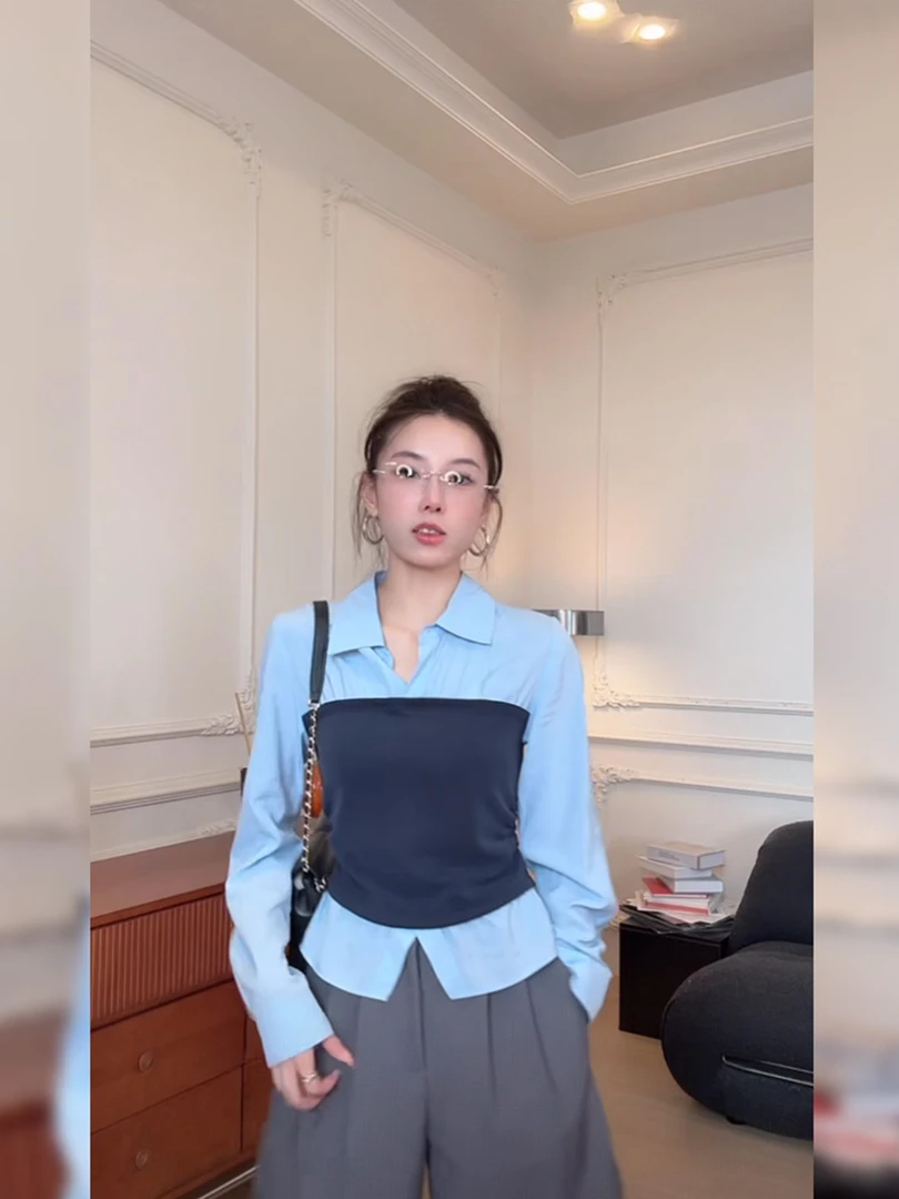 蓝色假两件收腰长袖衬衫女士2025秋季新款小衫法式高级感衬衣女装
