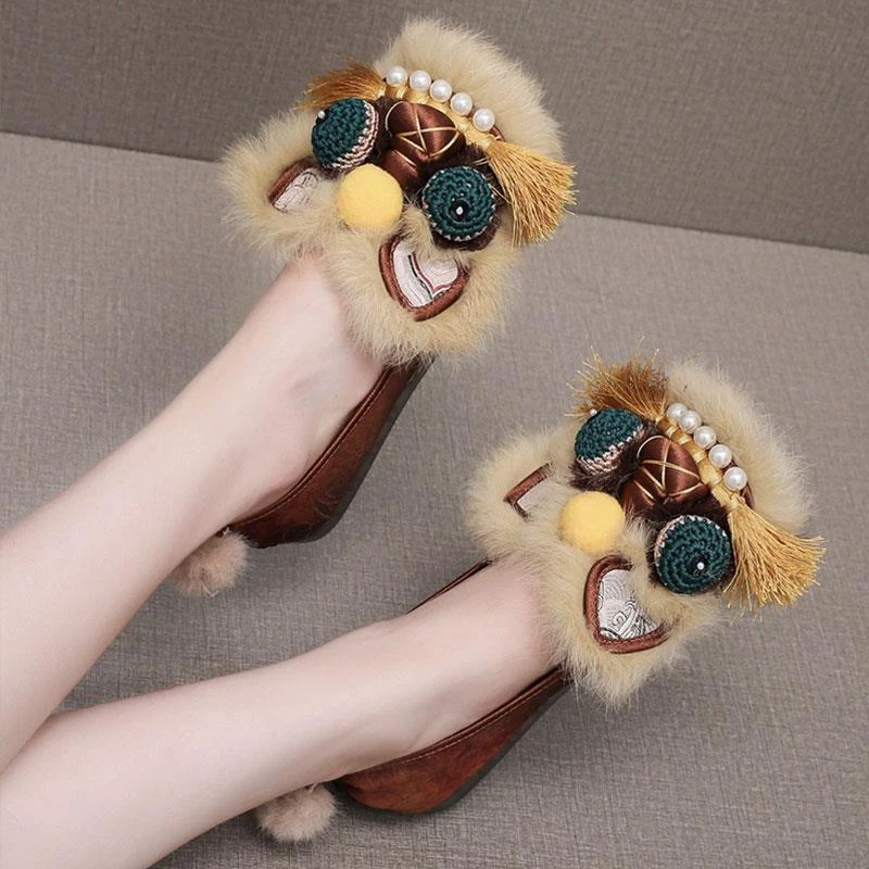 纯手工平底女单布鞋老虎头民族风老钱风舒适慵懒风深咖国风虎头鞋